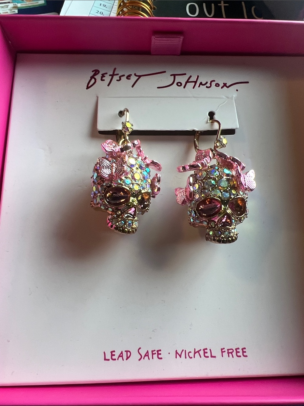 Betsey Johnson Gold-Tone Pink Crystal Skull Drop Earrings